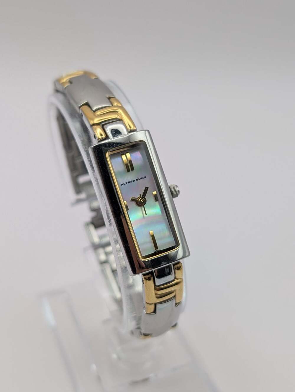 Vintage Alfred Sung Two-Tone Mother of Pearl Watch, Dainty Tank Bracelet